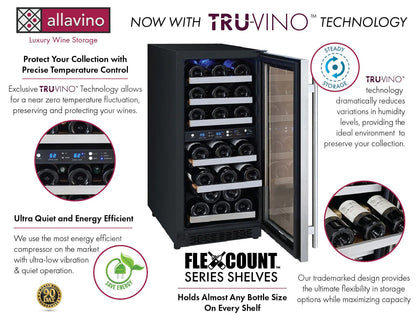 Allavino Residential 15" Wide FlexCount II Tru-Vino 30 Bottle Dual Zone Stainless Steel Right Hinge Wine Refrigerator VSWR30-2SR20