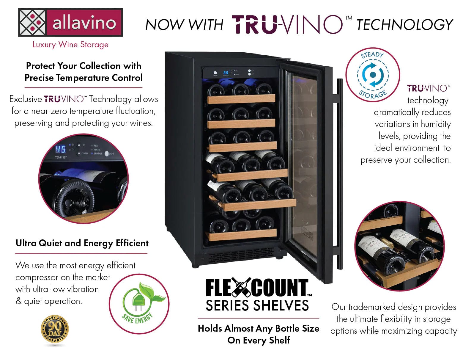 Allavino Residential 15" Wide FlexCount II Tru-Vino 30 Bottle Single Zone Black Wine Refrigerator VSWR30-1BR20