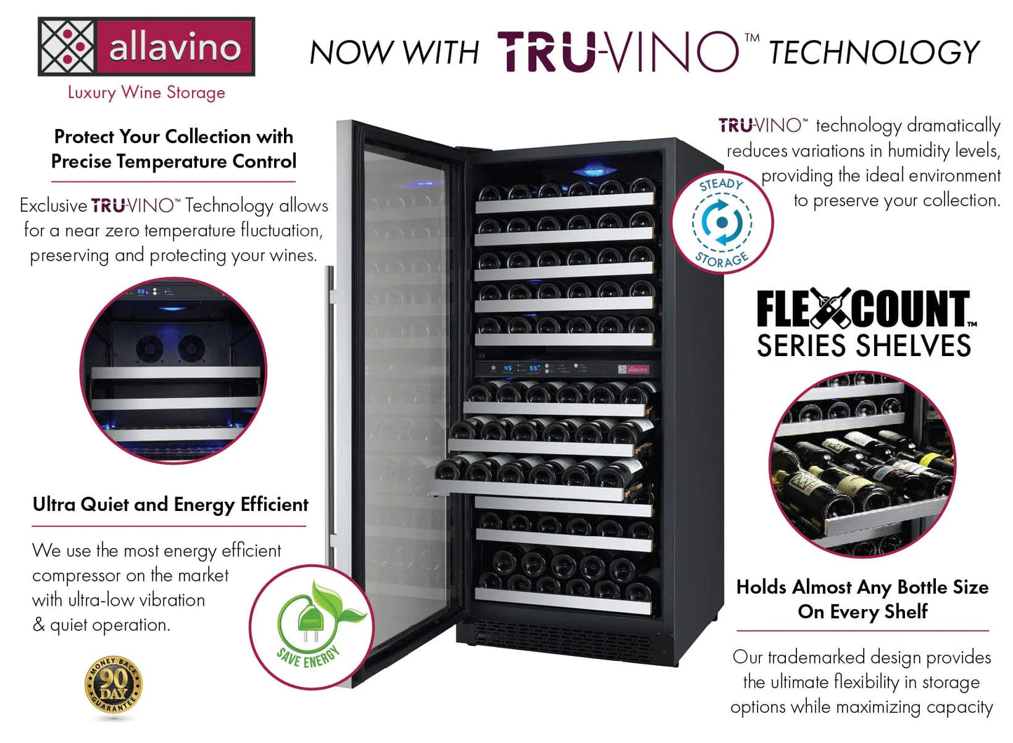 Allavino Residential 24" Wide FlexCount II Tru-Vino 121 Bottle Dual Zone Stainless Steel Left Hinge Wine Refrigerator VSWR121-2SL20