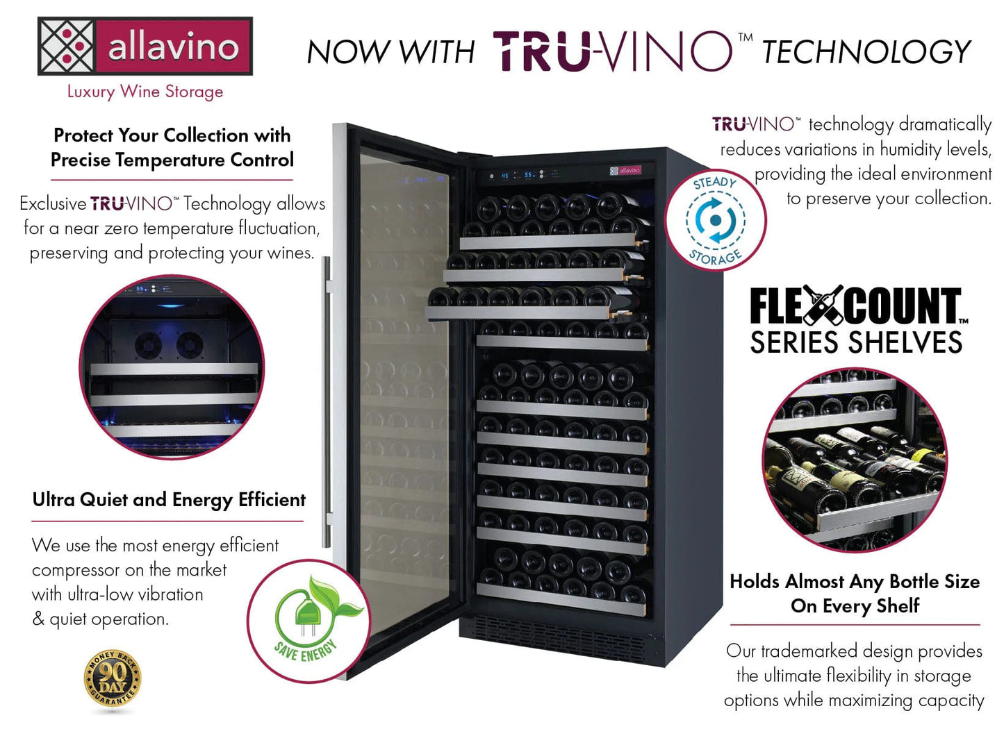 Allavino Residential 24" Wide FlexCount II Tru-Vino 128 Bottle Single Zone Stainless Steel Left Hinge Wine Refrigerator