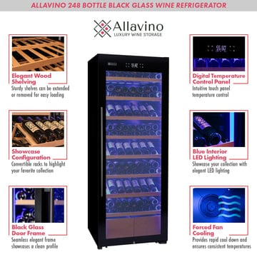 Allavino Residential Black 29" Wide 248 Bottle Single Zone Black Glass Right Hinge Wine Refrigerator with Display Shelving