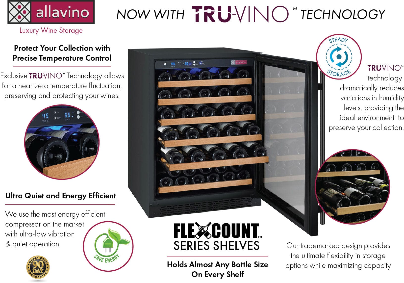 Allavino Residential Black FlexCount Series 56 Bottle Single Zone Built-In Wine Refrigerator with Black Door - Right Hinge