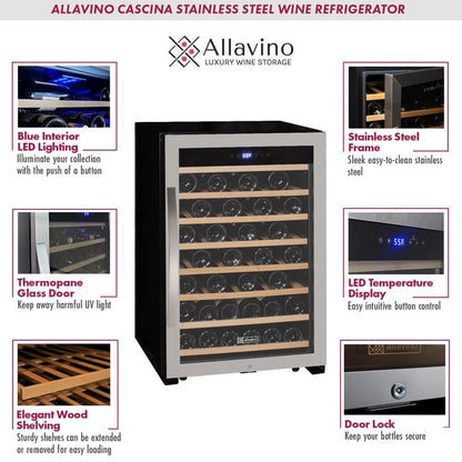 Allavino Residential Cascina Series 55 Bottle Single Zone Freestanding Wine Refrigerator Cooler with Stainless Steel Door KWR55S-1SR