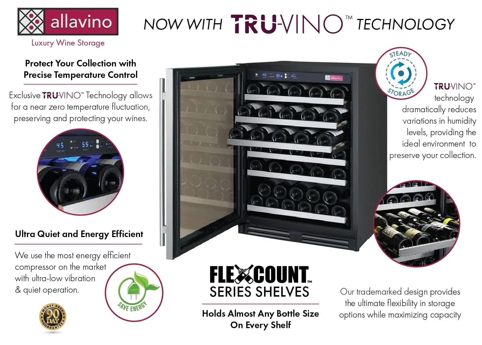 Allavino Residential FlexCount Series 56 Bottle Single Zone Built-in Wine Cooler Refrigerator with Stainless Steel Door - Left Hinge