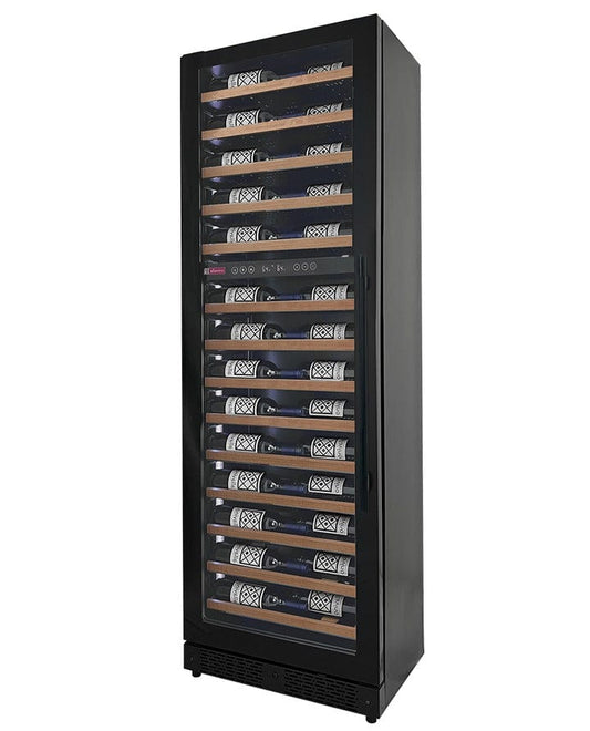 Allavino Residential Reserva Series 67 Bottle 71" Tall Dual Zone Left Hinge Black Shallow Wine Refrigerator with Wood Front Shelves VSW6771D-2BL-WD