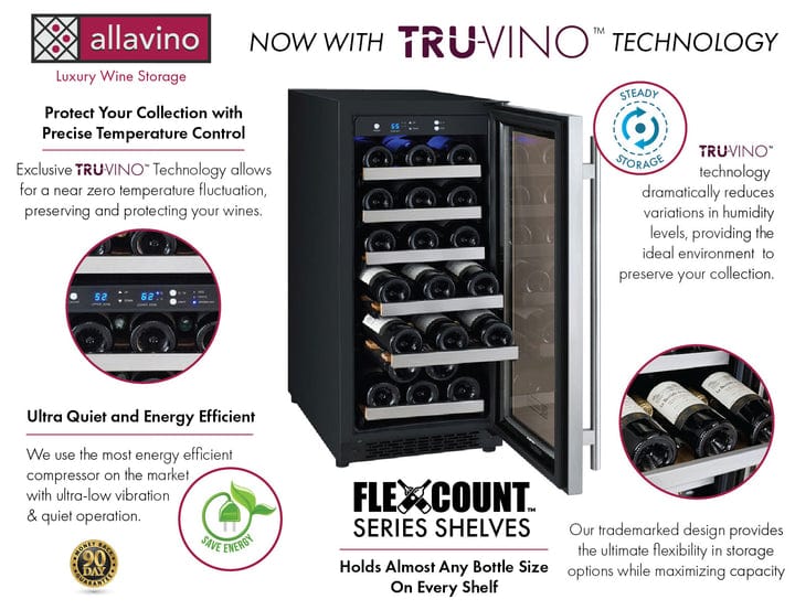 Allavino Residential Silver 15" Wide FlexCount II Tru-Vino 30 Bottle Single Zone Stainless Steel Right Hinge Wine Refrigerator