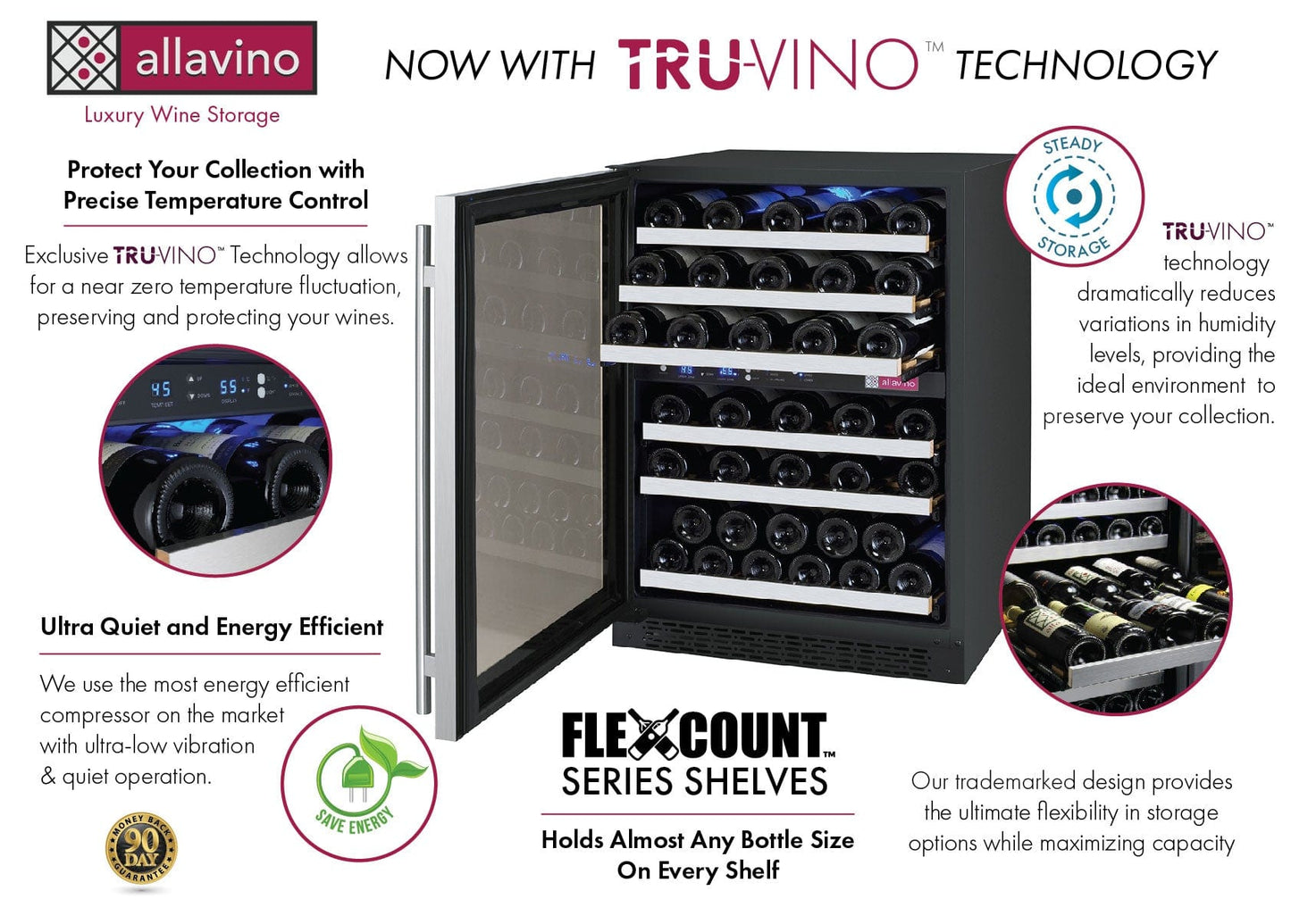 Allavino Residential Silver 24" Wide FlexCount II Tru Vino 56 Bottle Dual Zone Stainless Steel Left Hinge Wine Refrigerator