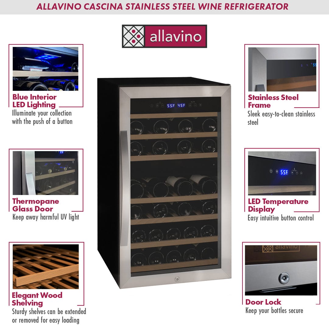 Allavino Residential Silver Cascina Series 43 Bottle Dual Zone Freestanding Wine Refrigerator Cooler with Stainless Steel Door