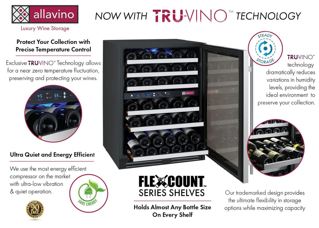 Allavino Residential Silver FlexCount Series 56 Bottle Dual Zone Built-In Wine Refrigerator with Stainless Steel Door - Right Hinge